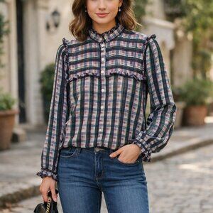 Jason Wu SZ 6 Striped Plaid Ruffle Blouse Cactus Rose Multi As Seen On TV $450